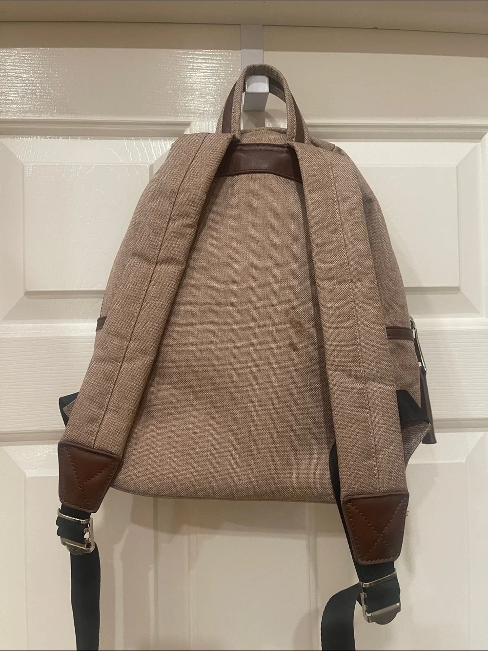 Adrienne Vittadini Tan Canvas Backpack with Brown Trim 12”W 12”H